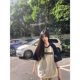 Áo thun ngắn tay raglan phối màu phong cách áo thun nửa tay dáng rộng