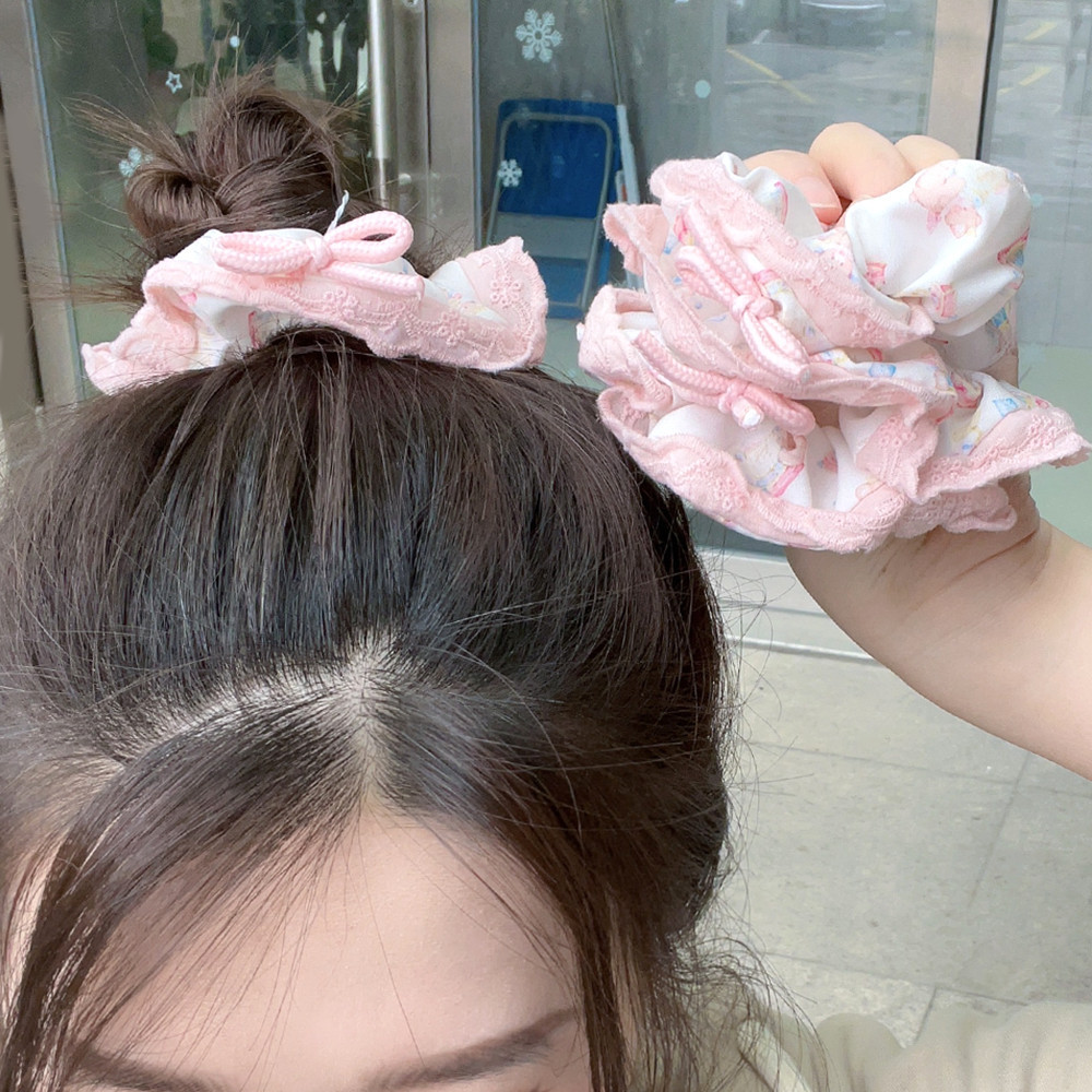 Dây buộc tóc ruột lớn nơ ren - Dây buộc tóc gấu nhỏ nơ - Dây buộc tóc co giãn cổ tích màu hồng - Phong cách Hàn Quốc, ngọt ngào, dễ thương - Phụ kiện tóc - Giá đỡ bện đuôi ngựa đôi