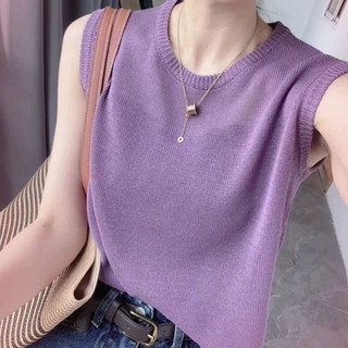 [Chất liệu Acrylic] Mùa hè 2024 Phiên bản Hàn Quốc Áo len lụa băng không tay cổ tròn đơn giản dành cho nữ Áo len mỏng hơn mọi phong cách thời trang