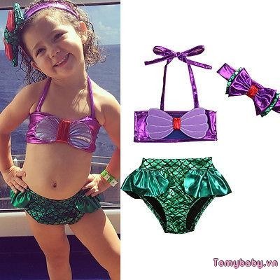 Bộ đồ bơi nàng tiên cá cho bé gái 3 chiếc Trang phục bơi nơ công chúa cho trẻ em