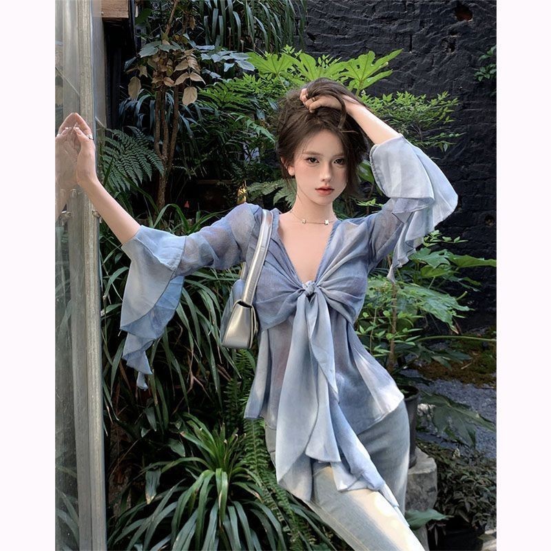 Áo Sơ Mi Nữ Tay Dài Cổ Chữ V Nữ Thiết Kế Mùa Hè Cảm Giác Chuyển Đổi Dây Buộc Nhuộm Ruffle Flare Tay Áo Top