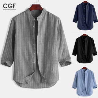 Chaongfang essentials Sọc Đứng Cổ Áo Sơ Mi Tay Bảy Điểm Nam Mùa Hè Rời Thường Ngày Tươi Áo Sơ Mi