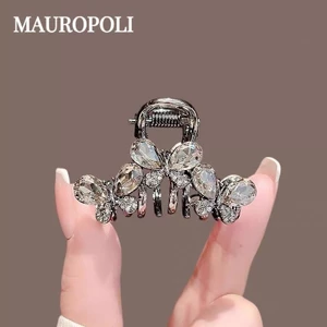 Mauropoli [Sẵn sàng] Kẹp cá mập hình bướm pha lê màu đen tinh tế Đầu lưng cao cấp vừa phải Kẹp tóc nửa mảnh Kẹp móng vuốt Kẹp bên