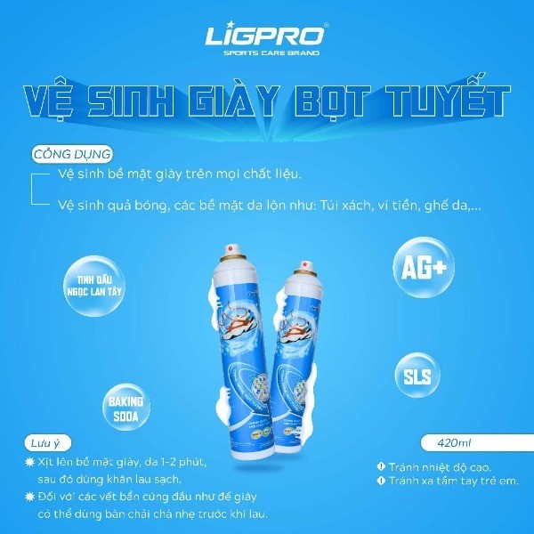 Xịt vệ sinh giày LIGPRO 420ml Bọt tuyết NANO BẠC Làm sạch vết bẩn và lưu hương trên giày thethaochinhhang