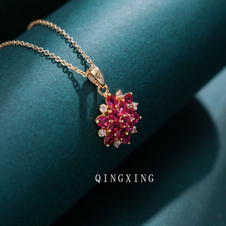 Châu Âu Mỹ ins Phong Cách Mới Đỏ Corundum Hoa Ba Chiều Mặt Dây Chuyền Vòng Cổ Nữ