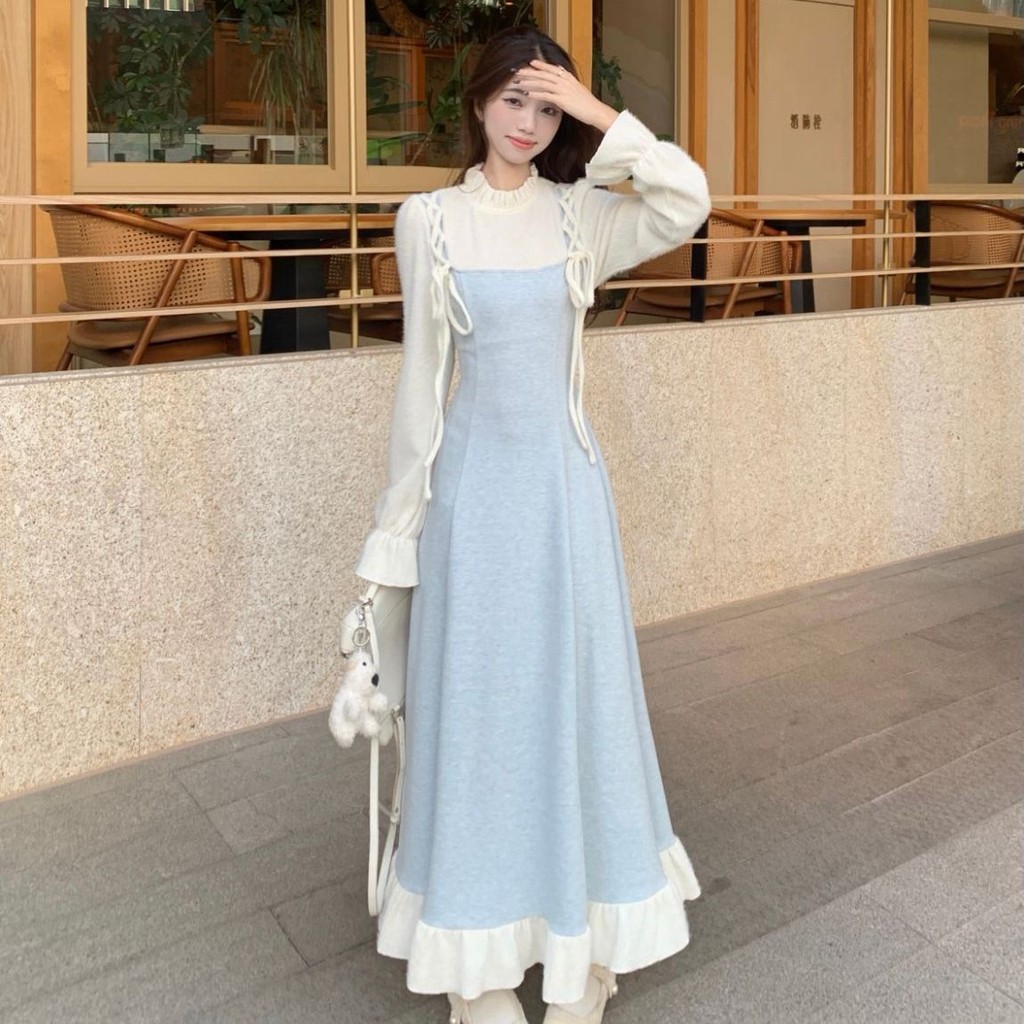 Đầm dài tay phong cách nhẹ nhàng cho phụ nữ mùa hè, phong cách Pháp mới, thanh lịch, ôm eo, đầm dài xòe