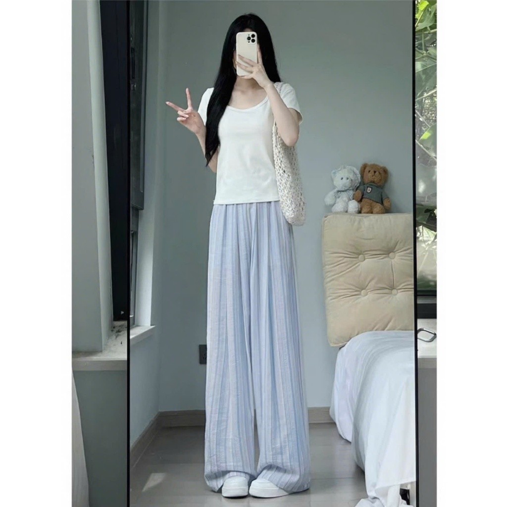 Quần Ống Rộng Nữ Họa Tiết Kẻ Sọc Chất Vải Đũi Thô Siêu Mềm Mát Mặc Mùa Hè