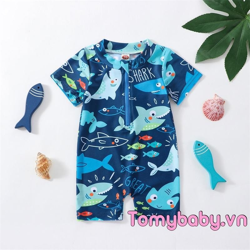 Bé Trai Đồ Bơi Mùa Hè Dễ Thương In Hình Cá Mập Tay Ngắn Dây Kéo Áo liền quần Đồ Bơi Đi Biển