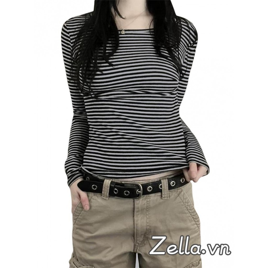 Áo thun nữ dài tay cổ tròn sọc mùa xuân Slim Fit Áo hàng ngày