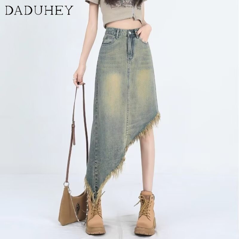 Ảnh DaDuHey New American Ins High Street Retro Denim Skirt Niche High Waist A- Line Skirt plus Size Long Skirt 2