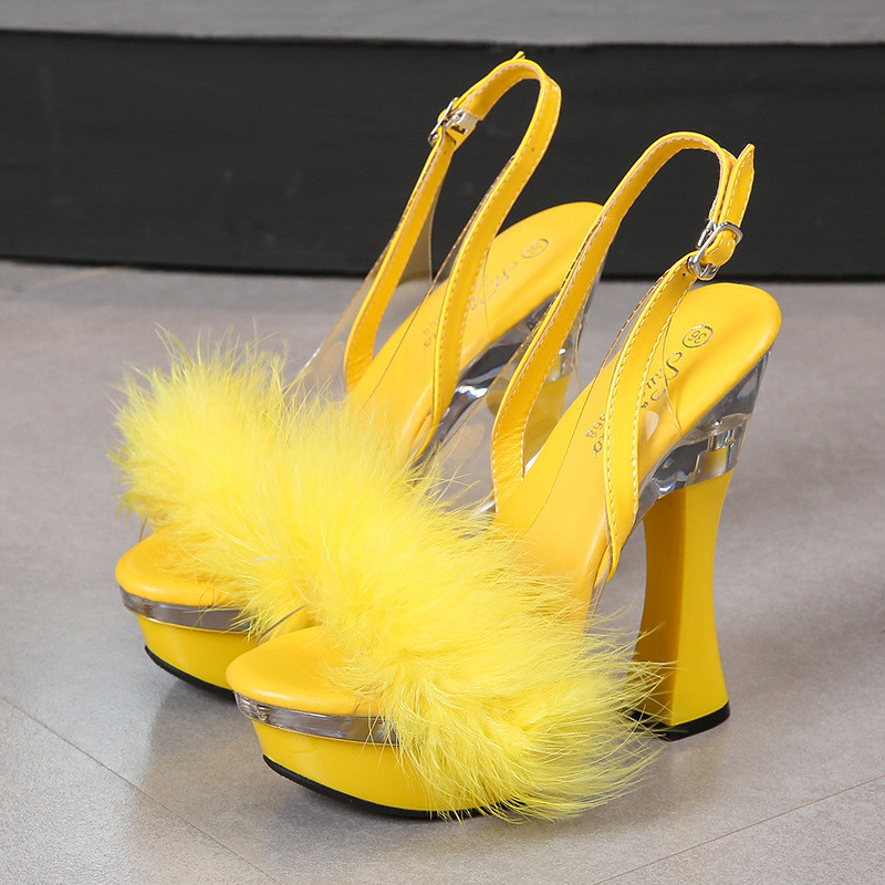 Nền Tảng Chống Thấm Nước Sàn Catwalk Dày Gót Kích Thước Châu Âu Mỹ Thời Trang Lông Pha Lê Giày Sandal 2024 34-43 Giai Đoạn Bằng Sáng Chế Da