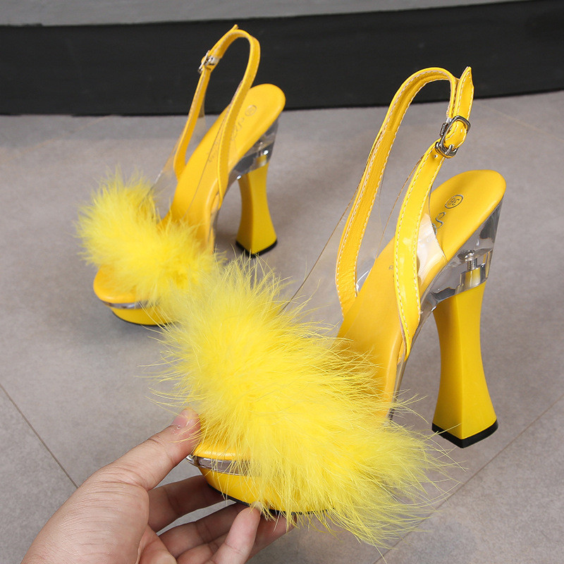 Nền Tảng Chống Thấm Nước Sàn Catwalk Dày Gót Kích Thước Châu Âu Mỹ Thời Trang Lông Pha Lê Giày Sandal 2024 34-43 Giai Đoạn Bằng Sáng Chế Da