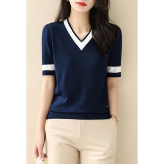 Mùa hè Phong Cách Mới Cổ Chữ V Màu-Blocking Ôm Hơn Nhìn Ngắn Tay Ice Silk Áo Len Tính Khí