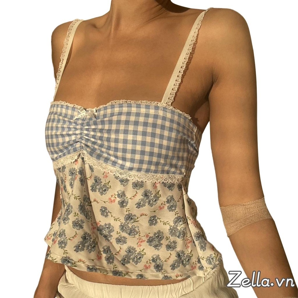 Nữ Kẻ Sọc Họa Tiết Hoa Camisoles Ren Viền Không Tay Sling Tank Tops Mùa Hè Slim Fit Vest Dạo Phố
