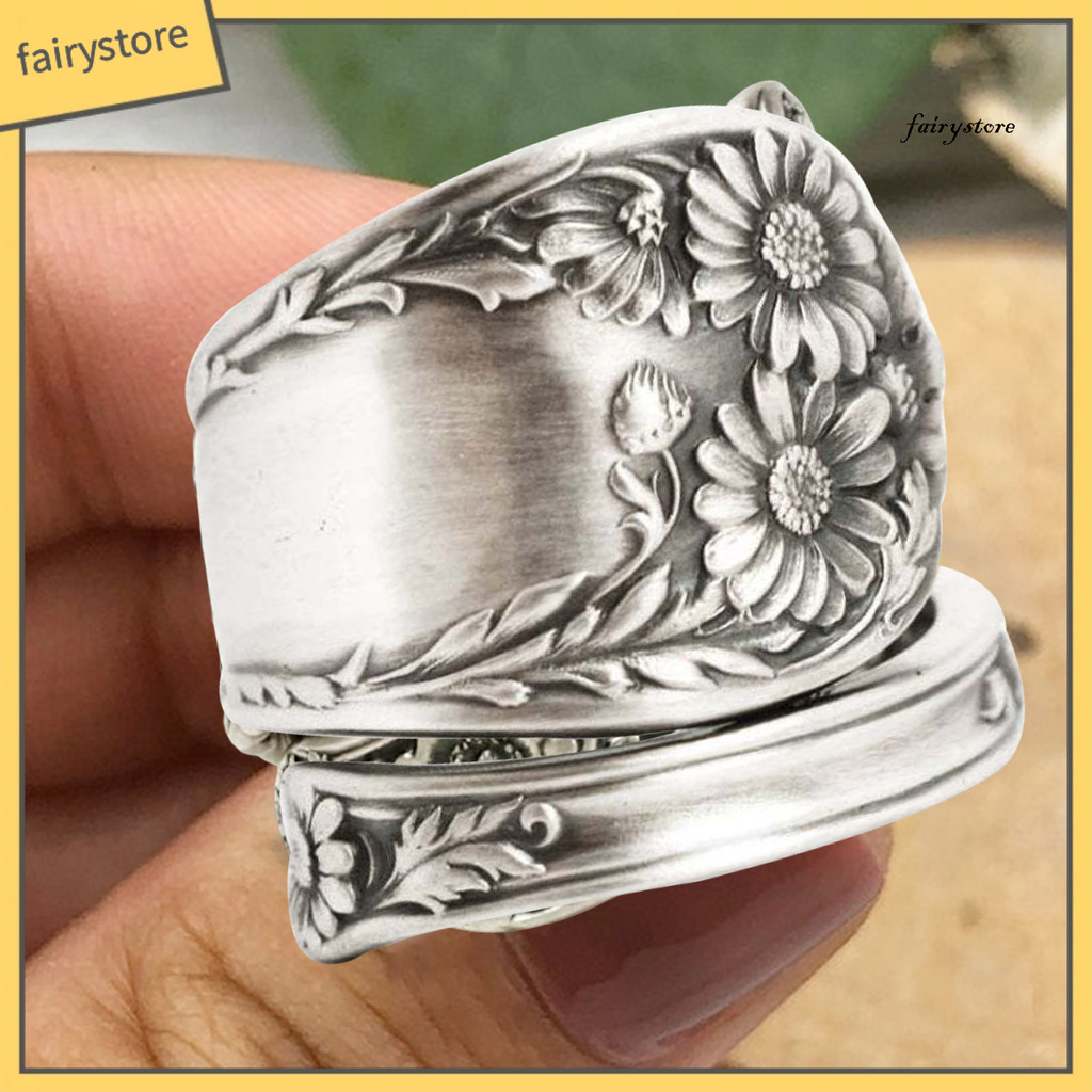 [FYS] Thìa Hướng Dương Nhẫn Có Thể Điều Chỉnh Boho Vintage Ngón Tay Mở Vòng Dây Quấn Mở Rộng Cho Nữ Trang Sức Nam