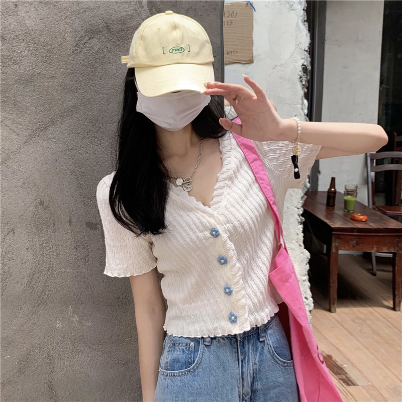 Áo thun xếp nếp cho phụ nữ, tay ngắn đan mỏng, phong cách cô gái cay, áo crop top với quần cạp cao, áo thun