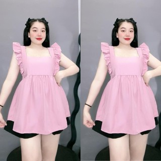 Set bộNHỎ CLOTHING bigsize nữ áo sơ mi cánh tiên kèm quần short eo chun co giãn chất lụa chéo mềm mát xinh xắn SET903