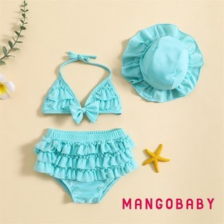 Mg-baby Girls Bộ trang phục đồ bơi mùa hè Áo treo cổ + Quần short xếp lớp + Mũ