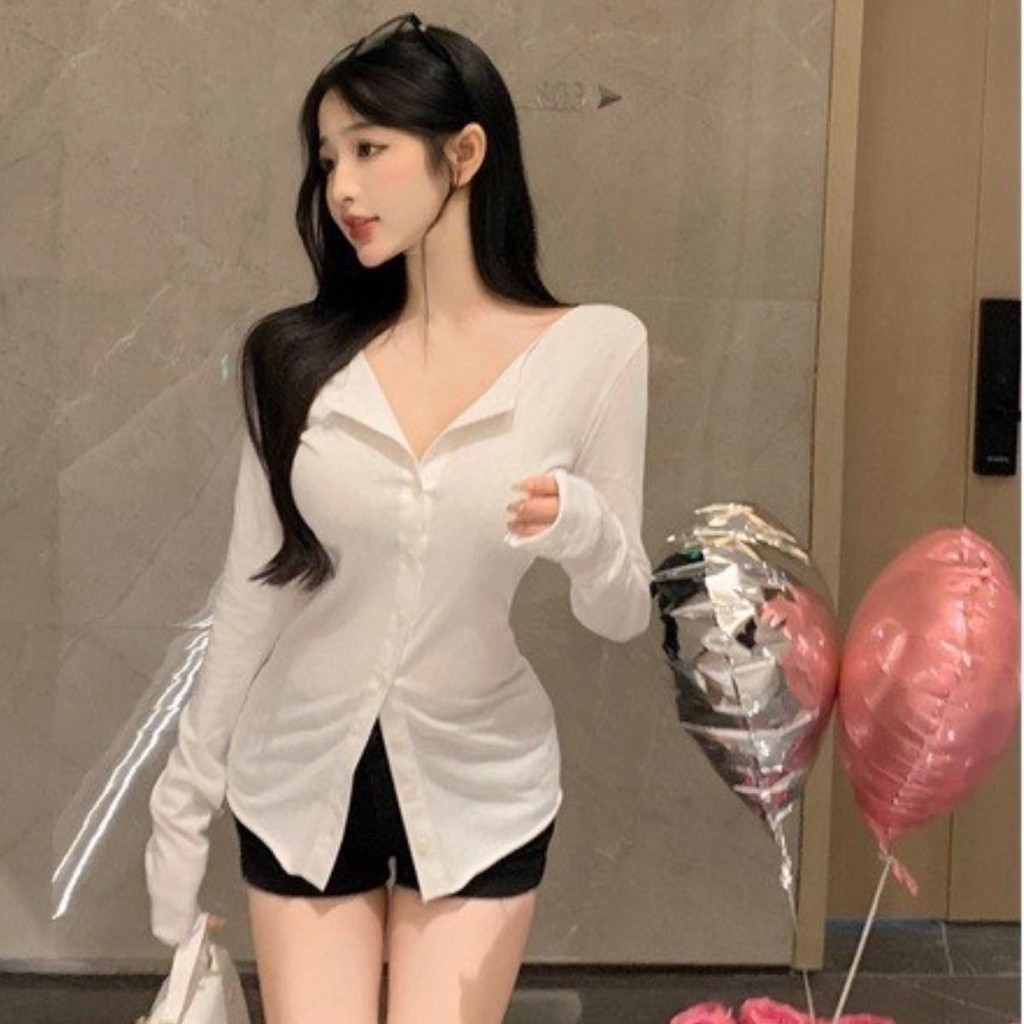 Áo kiểu tay dài PINKSTORE29 có cúc cài, cổ kiểu bẻ dáng ôm body gợi cảm A5557