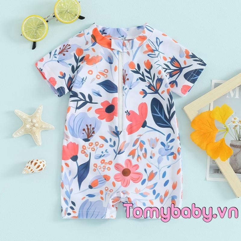 Tập Đi Bé Gái Rash Guard Rompers Đồ Bơi Tay Ngắn In Hoa Dây Kéo Đồ Bơi Cho Bé Đi Biển Mùa Hè