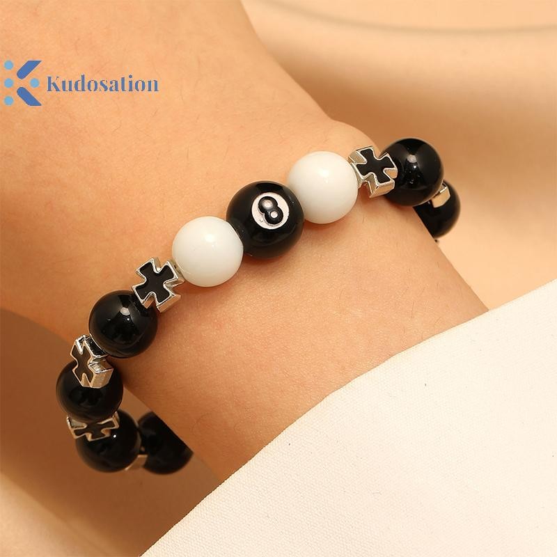 Kudosation Bida Đen 8 Hạt Vòng Tay Nam Nữ Handmade Chữ Thập May Mắn Đàn Hồi Vòng Tay Nam Hip Hop Trang Sức Phụ Kiện