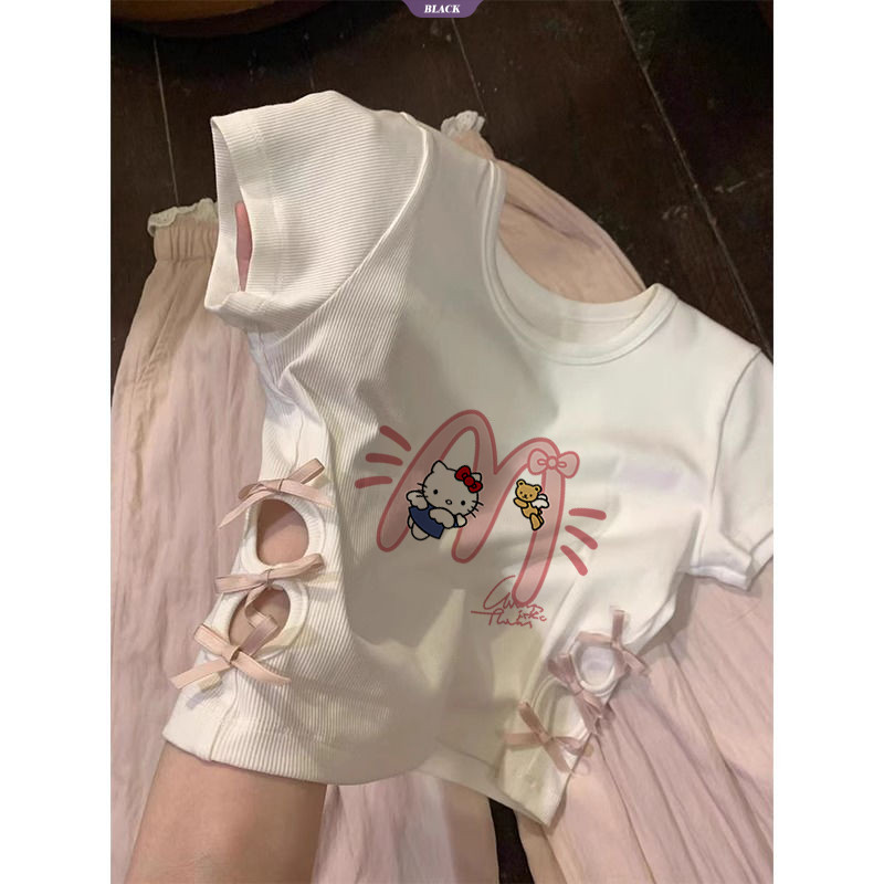 Áo thun ngắn tay vai tích cực Hello Kitty màu trắng Nữ mùa hè mới Mẫu ngắn mỏng mỏng nơ rỗng [BL]