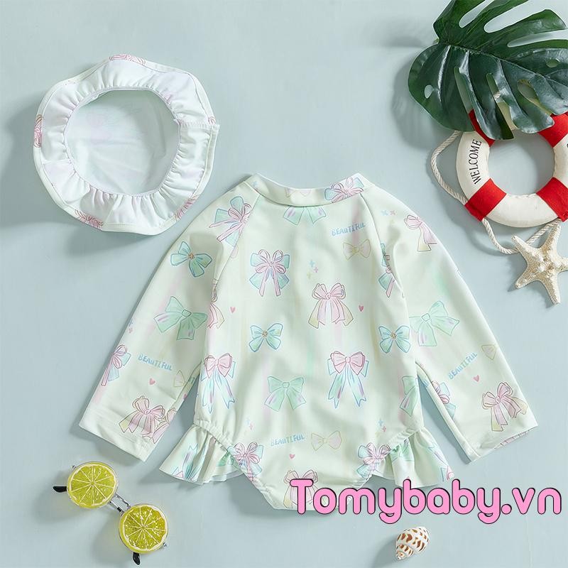 Đồ bơi trẻ mới biết đi Rash Guard Cây / Nơ / Thiên Nga / Bộ đồ tắm xếp nếp in hoa có nắp bơi