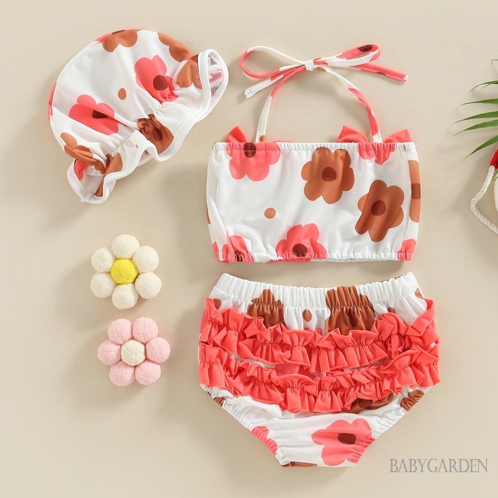Baga-0-24 Tháng Tuổi Bé Gái 3 Bộ Bikini In Hoa Dây Áo + Quần Short + Mũ Bơi Đồ Bơi