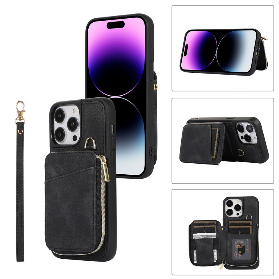 Nhựa Đeo Ngang Dây Kéo Dây Ví Cứng Ốp Lưng Điện Thoại Cho IPhone 15 14 Plus 13 12 11 Pro XS Max XR 7 8 6s Plus SE Khe Cắm Thẻ Vỏ Chống Rơi