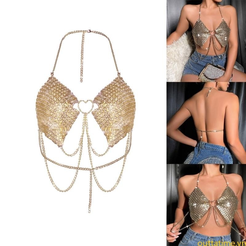 Tốt Nhất Dây Lưng Áo Ngực Hoa Kim Cương Giả Hình Trái Tim Dây Xích Camisole Cho Nữ Đảng Hộp Đêm Cơ Thể Trang Sức Crop Top