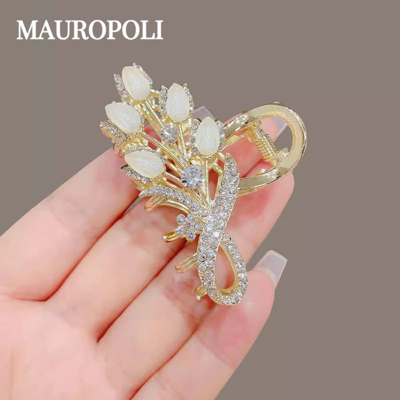 Mauropoli [Sẵn sàng] Phiên bản Hàn Quốc Kẹp tai lúa mì thủy tinh đính đá cao cấp Đầu sau nữ Kẹp trung bình Mũ đội đầu nửa mảnh Tóc sang trọng Kẹp tóc