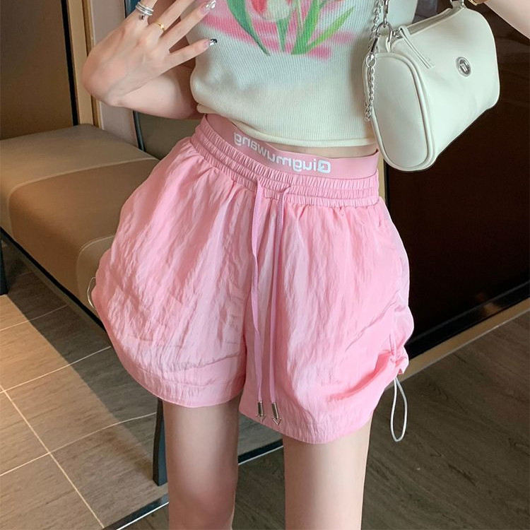 Quần Short Thể Thao Màu Hồng Nữ Mùa Hè Cao Cấp Rời Ống Rộng Dây Rút Thẳng Quần Short Thường Ngày