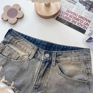 Mỹ Đường Phố Cao Cấp Rách Crop Quần Hip Hop Unisex Châu Âu Mỹ vibe Phong Cách Cao Cấp Thẳng Tất Cả Trận Đấu Quần Short Denim