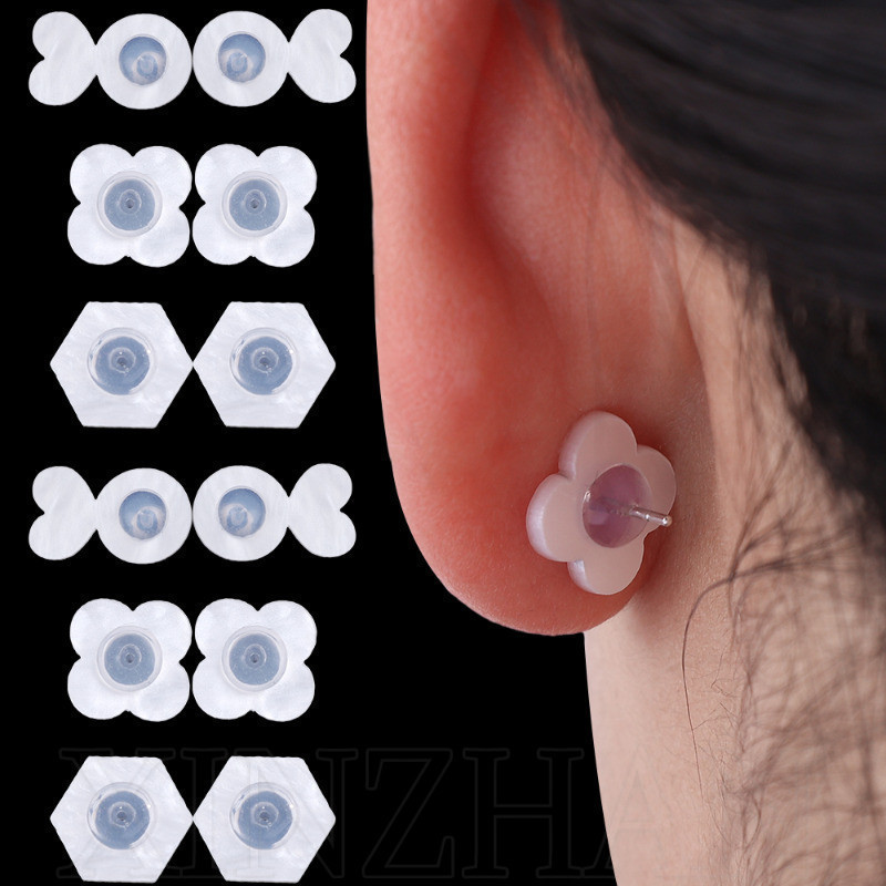 Khóa tai silicon - Nút tai chống chảy xệ - Chống dị ứng, đơn giản, trong suốt - Mũ sau bốn lá - Nút tai chống rơi - Phụ kiện trang sức