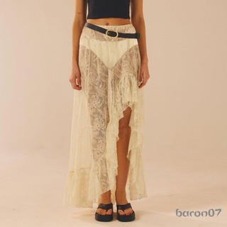 Nữ Ren Váy Dài Vintage Cao Cấp Màu Trơn Bất Đối Xứng Viền Ruffle Midi Váy Chảy Váy