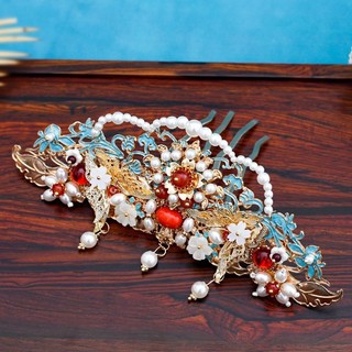 Phong cách cổ xưa Phụ kiện tóc thủ công Ming Made Tang Style Burnt Blue Hair Crown Hanfu Mũ đội đầu cô dâu Phong cảnh tuyệt đẹp Màu xanh tinh tế Lược tóc phong cách cổ xưa Phụ kiện tóc thủ công Ming Made Tang Style Burnt Blue Fever Crown Hanfu Bridal Head