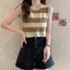 Áo Crop Top ORDOBOX, Áo len dệt kim sọc tương phản không tay, Áo ghi lê không tay cổ tròn bằng sợi Acrylic dành cho nữ