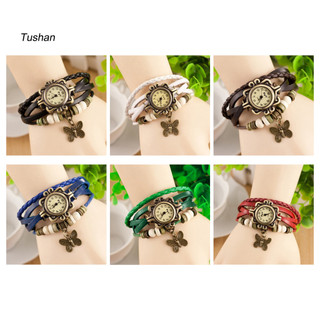 [Ts] Đồng hồ có thể điều chỉnh Đồng hồ đeo tay bằng da giả phong cách Bohemian Vòng đeo tay bướm đính cườm nhiều lớp dành cho nữ Dây đeo bằng da giả cổ điển có mặt dây chuyền Phụ nữ hợp thời trang
