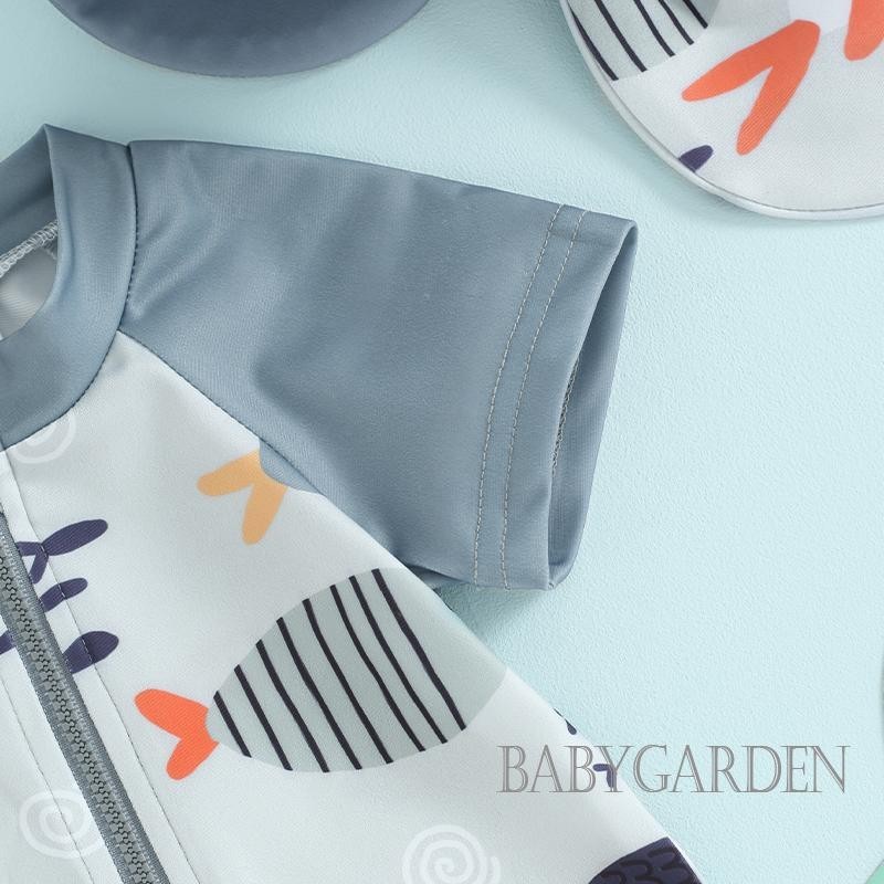 0-5 Tuổi Bé Trai Rash Guard Đồ Bơi Có Mũ Bơi Hoạt Hình In Cá Tay Ngắn Dây Kéo Phía Trước Bộ Đồ Tắm