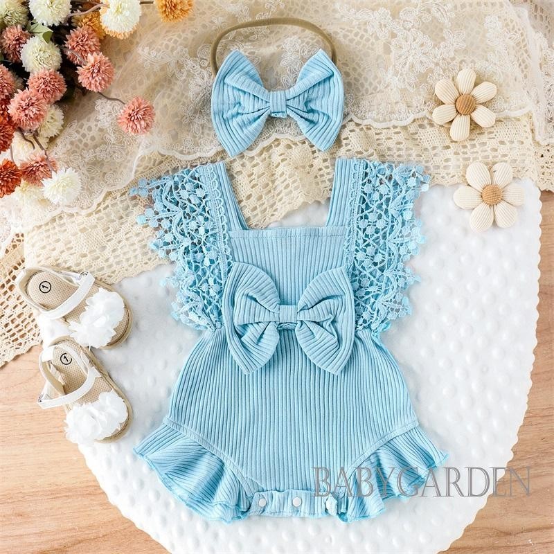 Bộ Áo Liền Quần Cổ Tròn Viền Ren + Băng Đô Thời Trang Mùa Hè Cho Bé Gái
