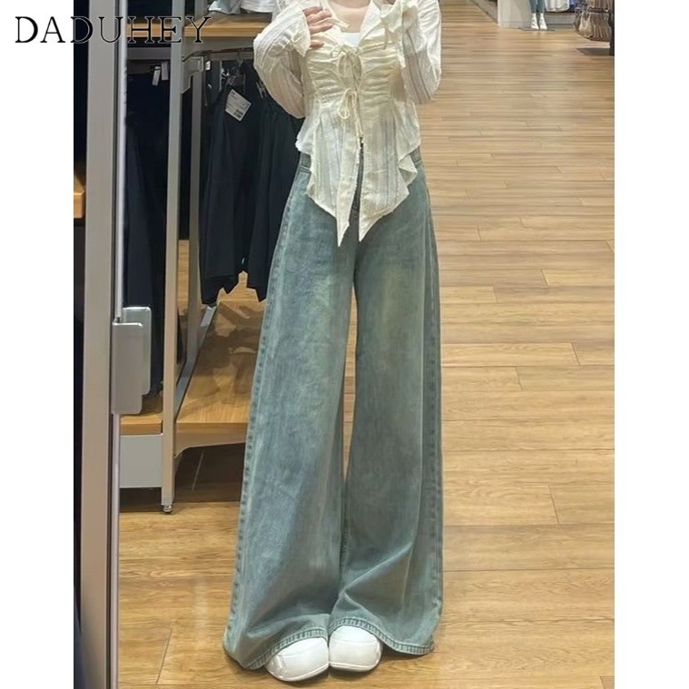 Ảnh Quần jeans DADUHEY lưng cao ống rộng phong cách đường phố Mỹ cổ điển cao cấp cỡ lớn 2