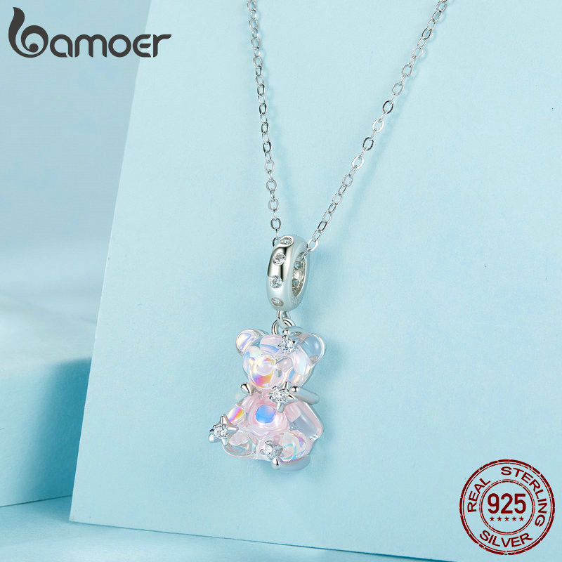 Mặt trang trí BAMOER bằng bạc sterling 925 hình chú gấu làm phụ kiện vòng tay/dây chuyền