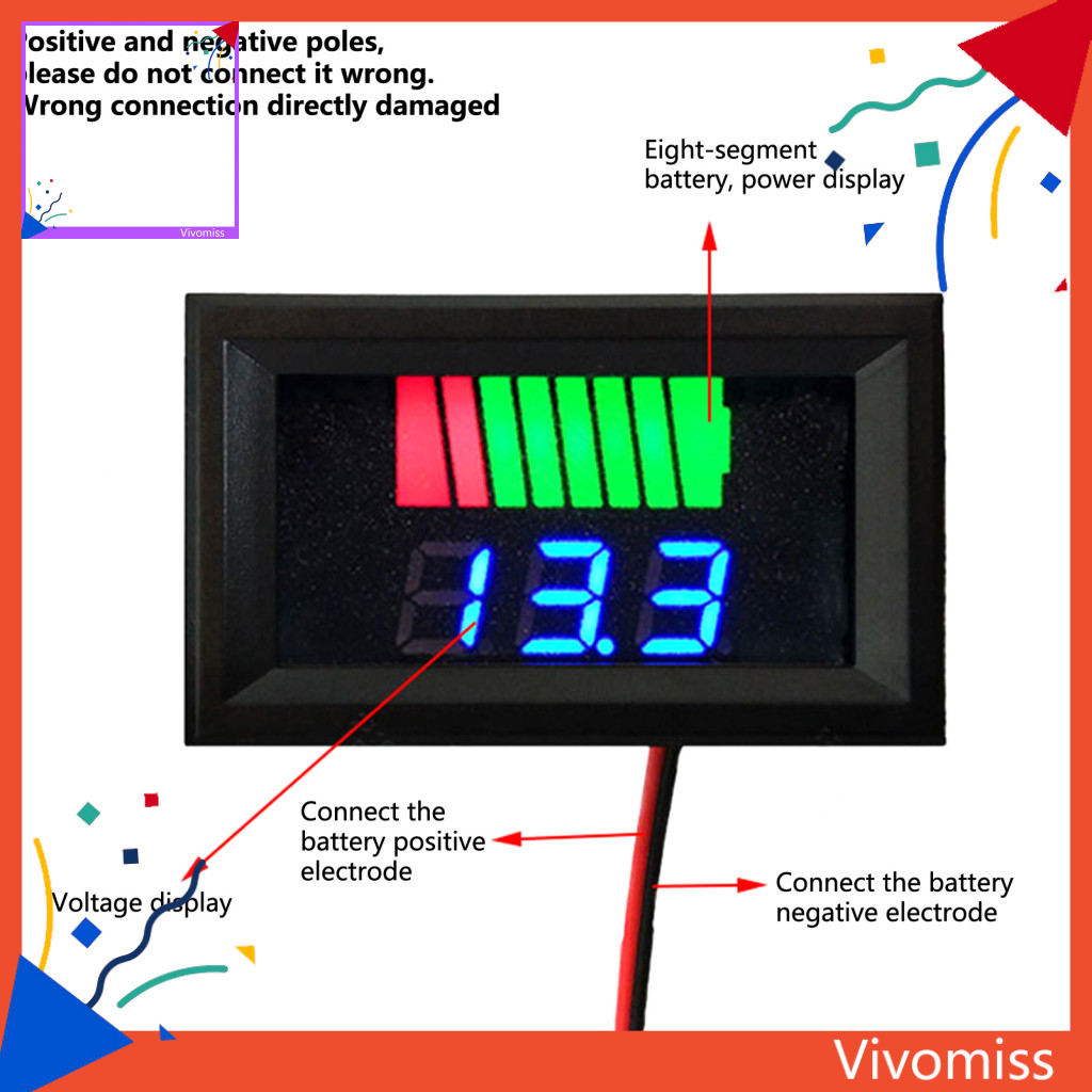 [Vm] Đồng hồ đo dung lượng pin 12V-60V Màn hình kỹ thuật số LED Cảnh báo công suất thấp Độ phân giải công suất 8 tầng Chỉ báo dung lượng pin Phụ kiện gia đình