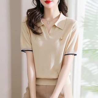 Tay Ngắn Cổ Áo polo Nữ Áo Thun Nữ Tay Ngắn Mùa Hè 2024 Phong Cách Mới Top Ve Áo Ice Silk Áo Len Mỏng Phong Cách