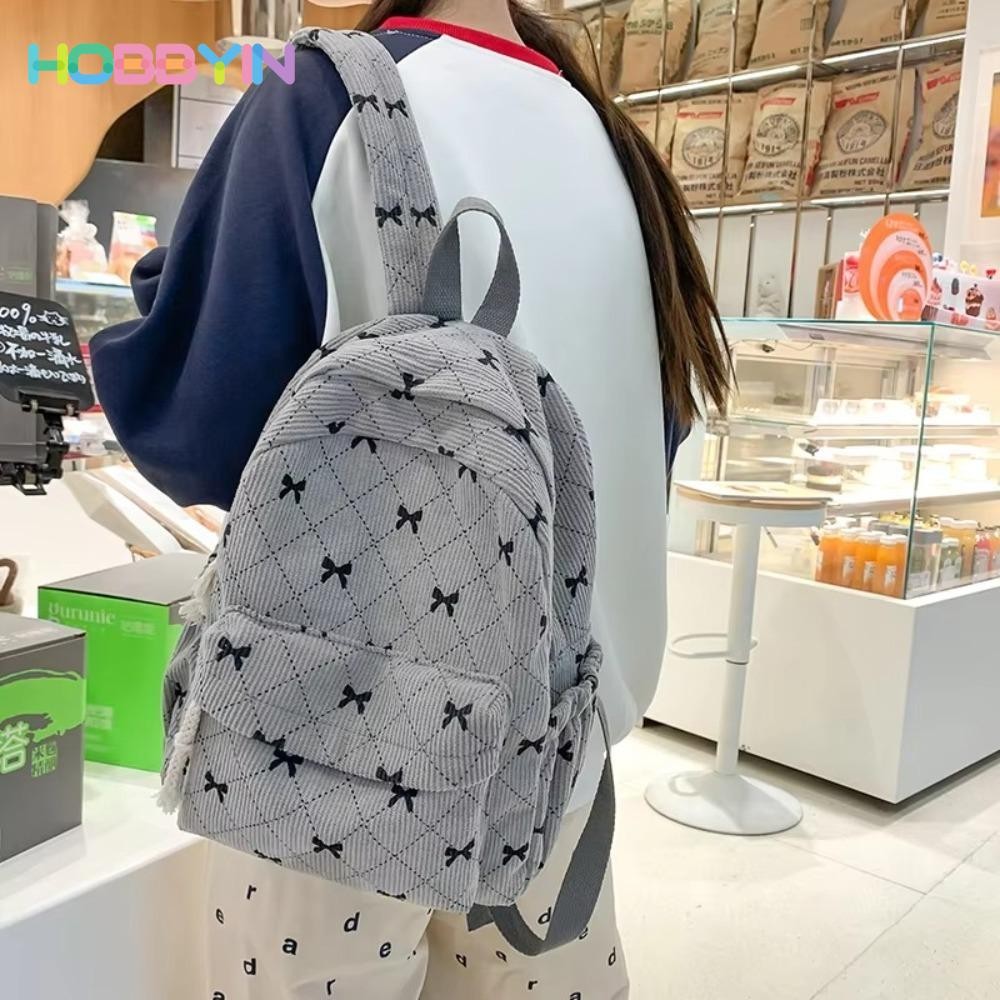 Ba lô nữ HOBBYIN, Túi sách dung tích lớn in nơ, Ba lô du lịch vải nhung nữ