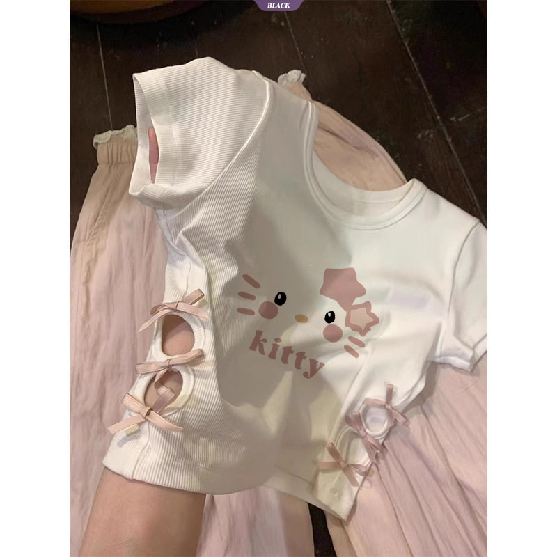 Áo thun ngắn tay vai tích cực Hello Kitty màu trắng Nữ mùa hè mới Mẫu ngắn mỏng mỏng nơ rỗng [BL]