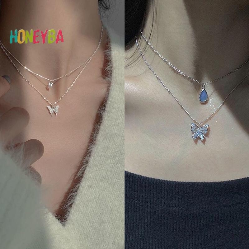 < Honeyba > Vòng cổ vòng cổ mặt trăng ngôi sao phong cách Hàn Quốc Dây chuyền xương đòn hai lớp dành cho nữ Phụ kiện trang sức bé gái