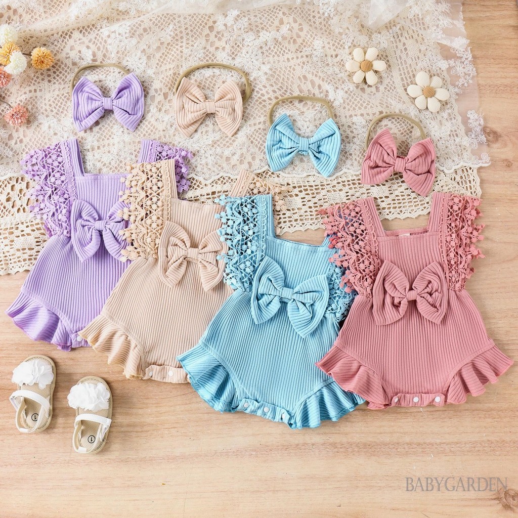 Bộ Áo Liền Quần Cổ Tròn Viền Ren + Băng Đô Thời Trang Mùa Hè Cho Bé Gái