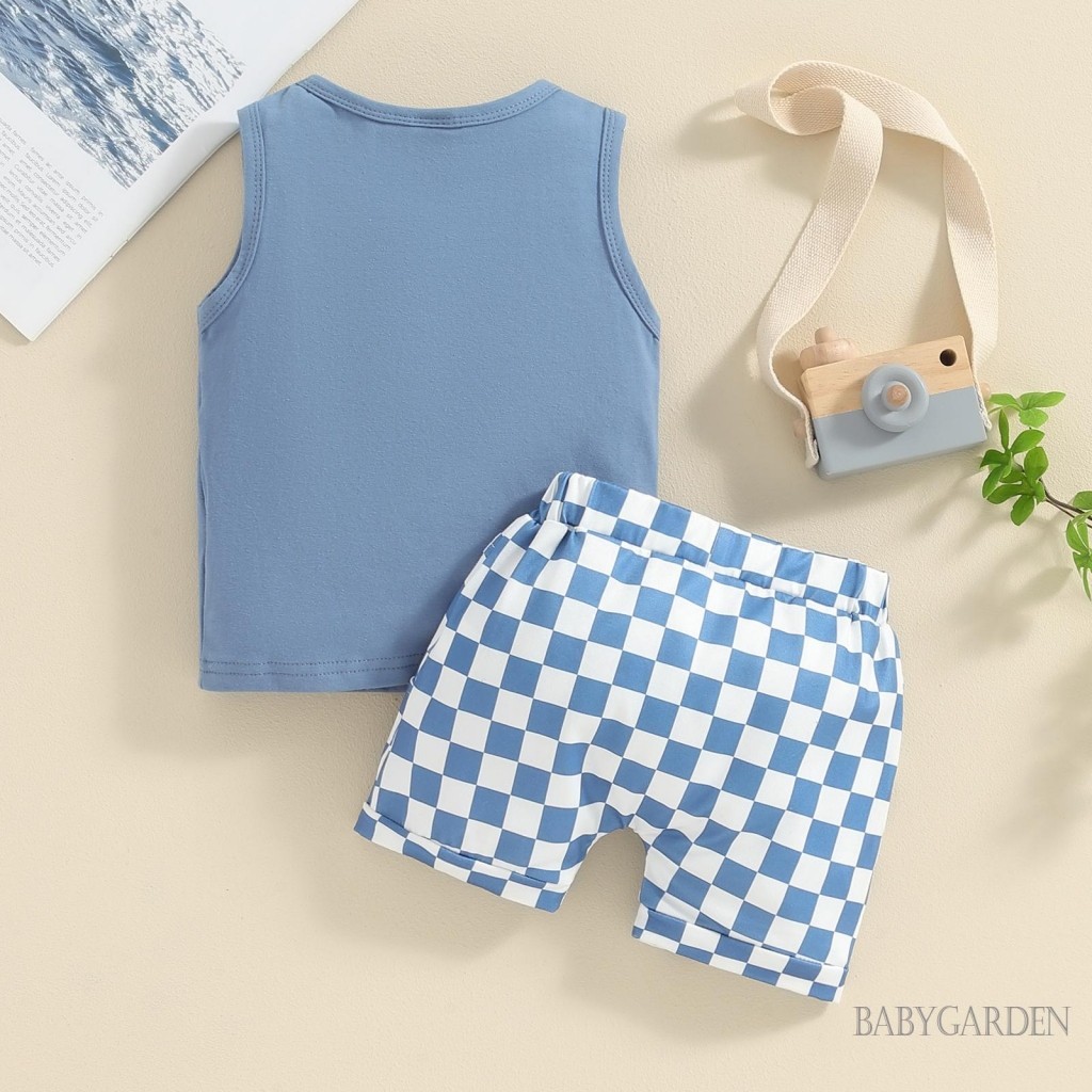 Baga-6 Tháng-4 Tuổi Bé Trai Bộ Chữ In Hình Ô Tô Áo Tank Không Tay + Checkerboard Quần Short Eo Co Giãn Mùa Hè
