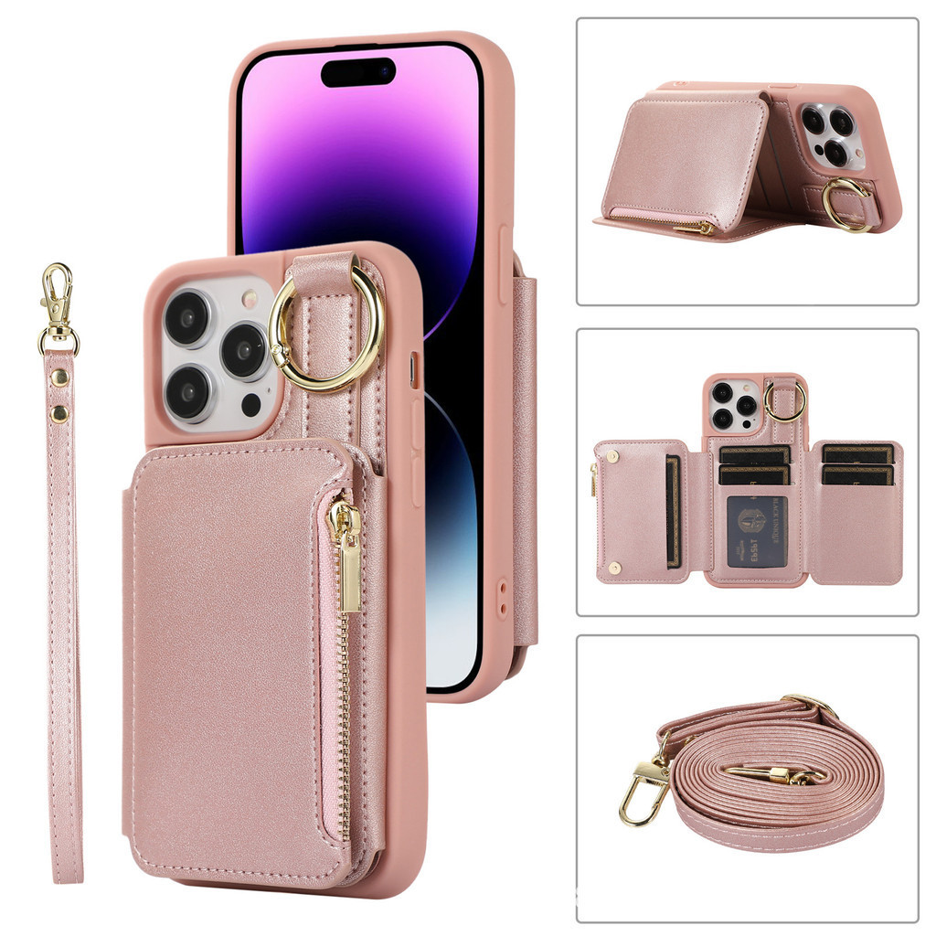 Dây Đeo Cổ Tay Đeo Ngang Ốp Lưng Điện Thoại IPhone 16 15 14 13 12 11 Pro Max Plus Ví Có Đựng Thẻ Da PU Bảo Vệ Chống Sốc